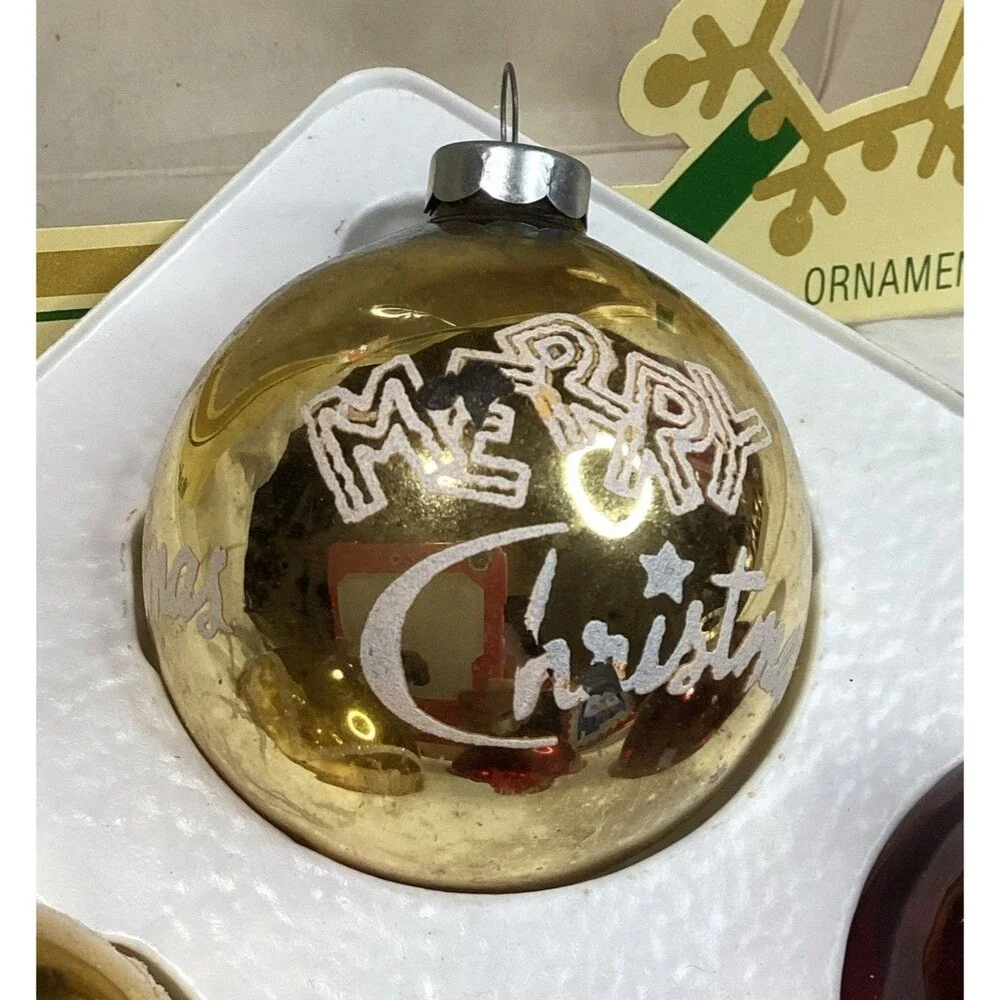 Vintage Mercury Glass Glitter Merry Christmas Ornaments Stenciled 1950s Pyramid
